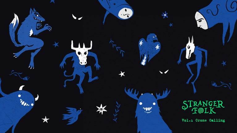 On a black background, strange creatures in blue and white are 'dancing'